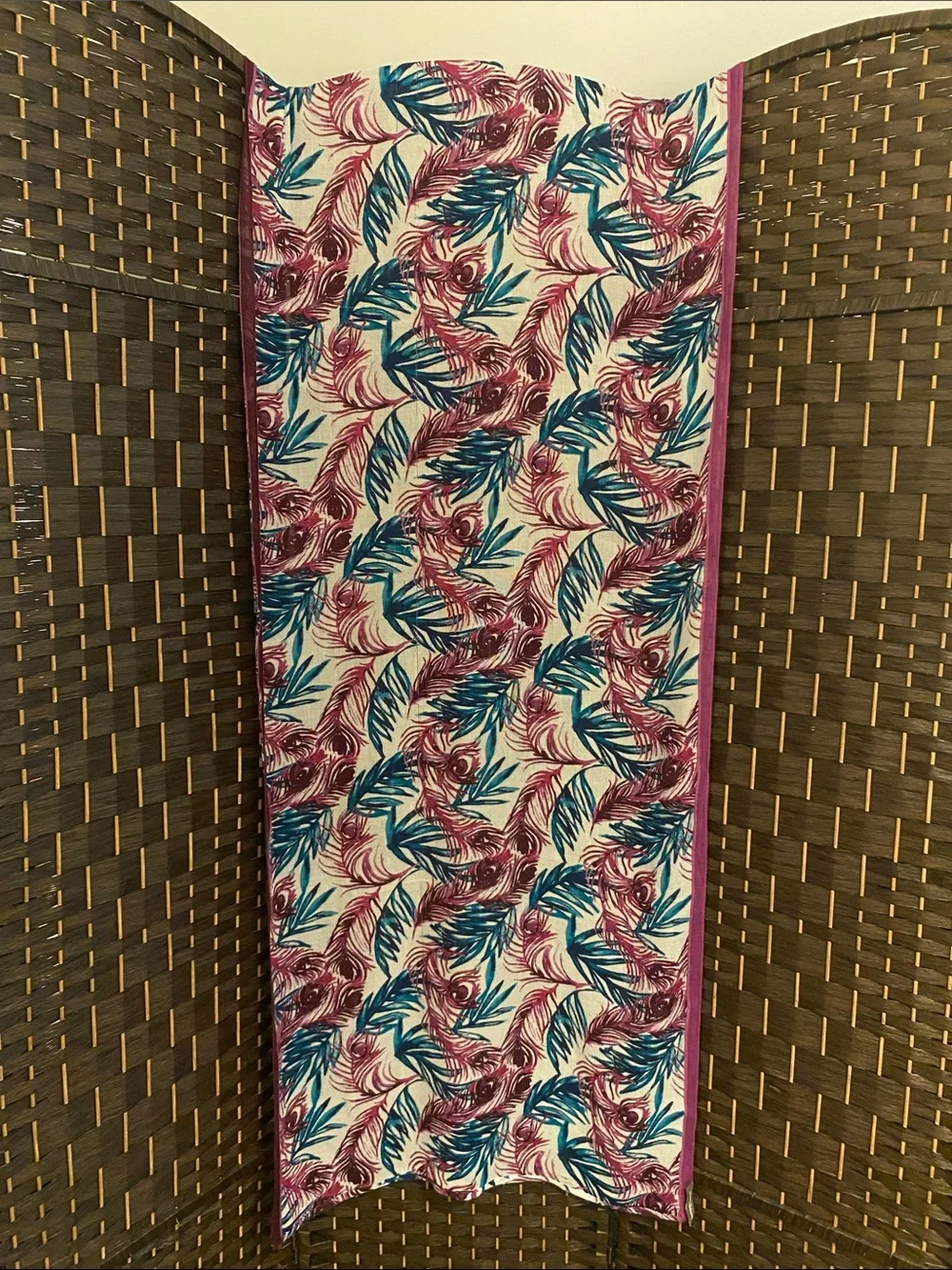 Tommy Bahama Fuchsia and Teal Feather Print Scarf Wrap Silk/Modal Blend